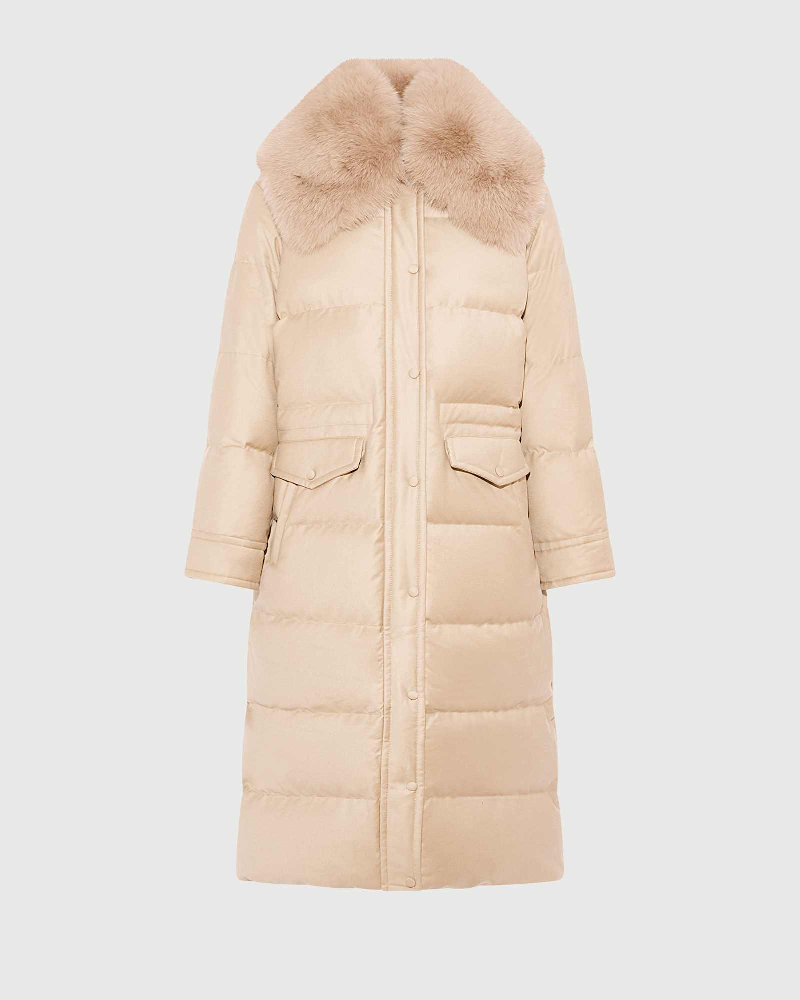 Doudoune longue droite en tissu Loro Piana avec col amovible en fourrure de renard- Yves Salomon - Nouvelle collection Automne Hiver