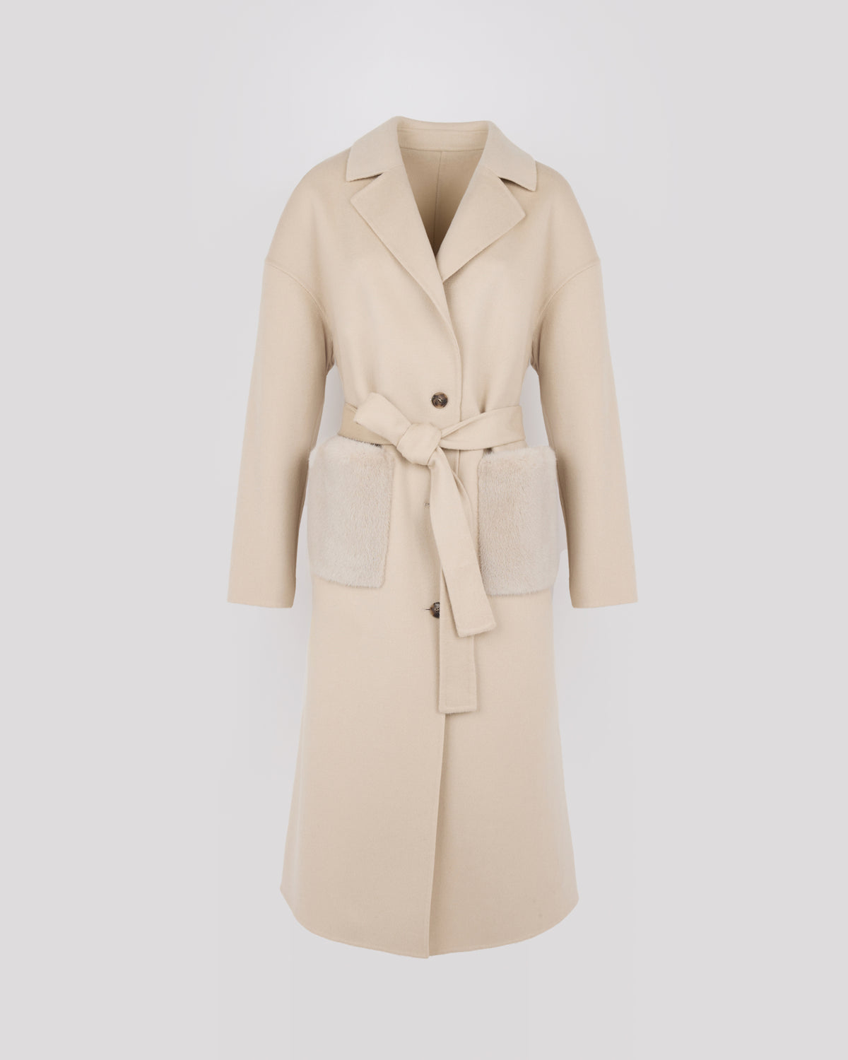 Manteau long en lainage cachemire double face et poches en fourrure de vison - Yves Salomon - Nouvelle collection Automne Hiver