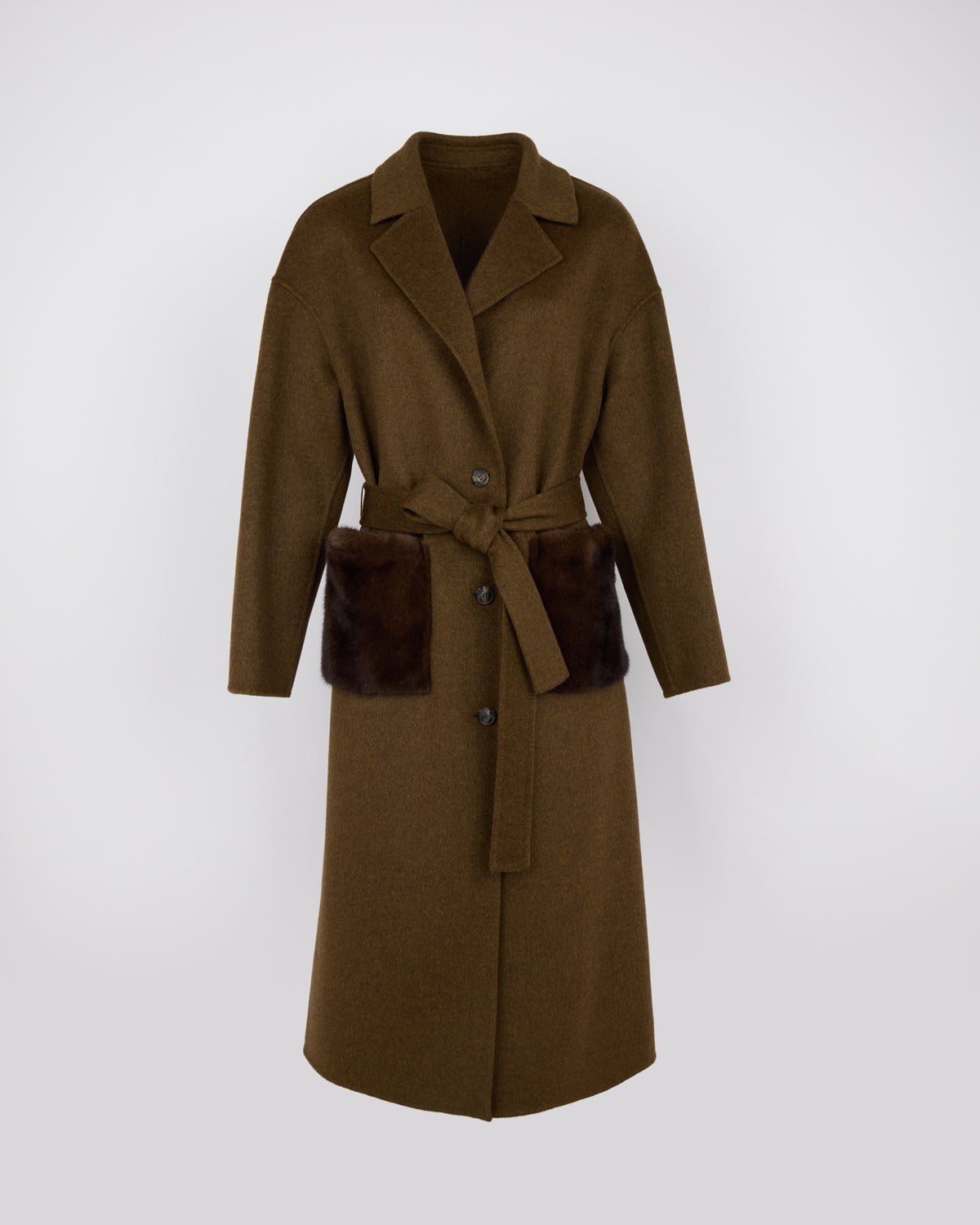 Manteau long en lainage cachemire double face et poches en fourrure de vison - Yves Salomon - Nouvelle collection Automne Hiver