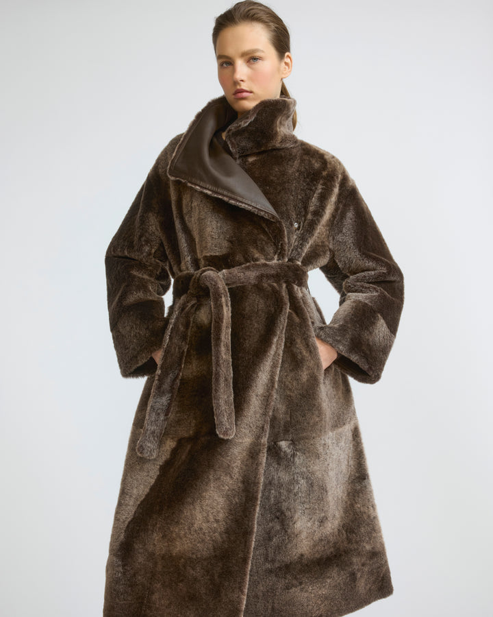 Manteau long réversible en peau lainée d'agneau Lacon