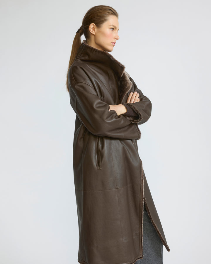 Manteau long réversible en peau lainée d'agneau Lacon