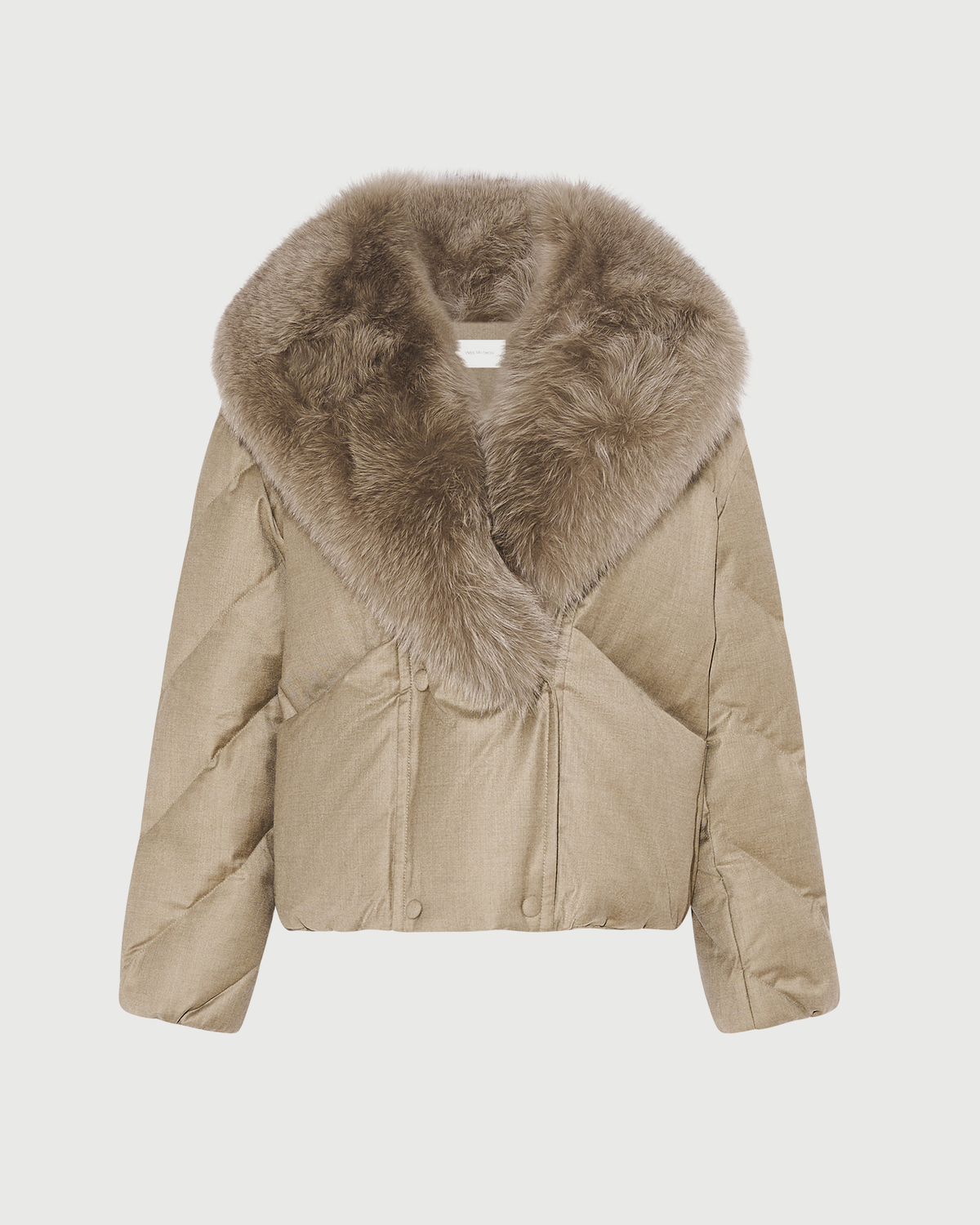 Doudoune courte croisée en tissu technique Loro Piana avec col amovible en fourrure de renard- Yves Salomon - Nouvelle collection Automne Hiver