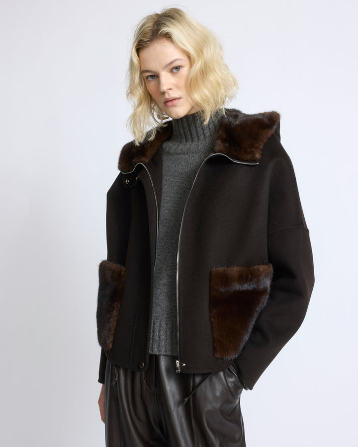 Veste à capuche en lainage cachemire double face et fourrure de vison - Yves Salomon - Nouvelle collection Automne Hiver