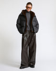 Short down jacket in Loro Piana flannel with detachable mink fur bib