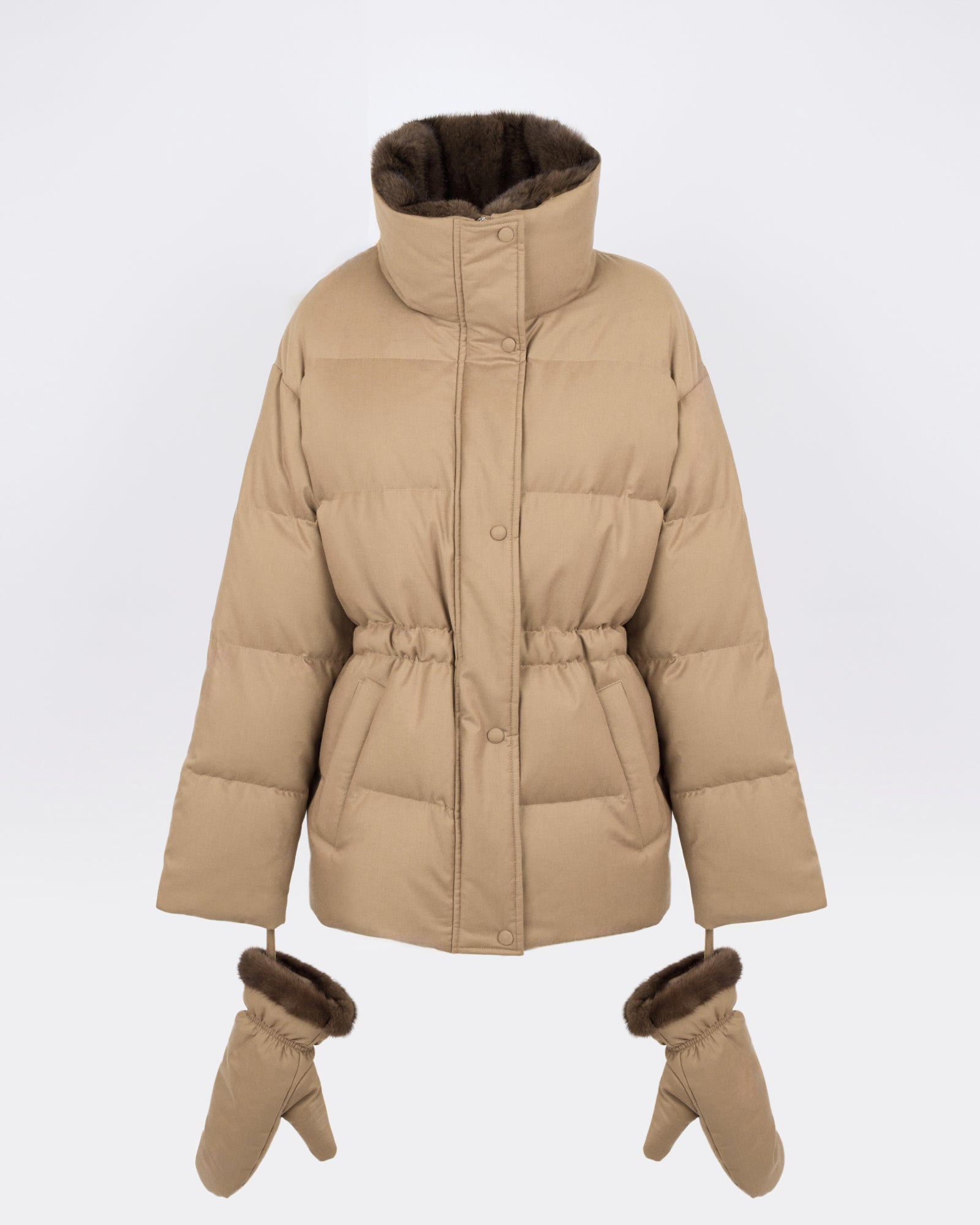 Doudoune en flanelle Loro Piana cintrée avec col et mouffles en fourrure de vison - Yves Salomon - Nouvelle collection Automne Hiver