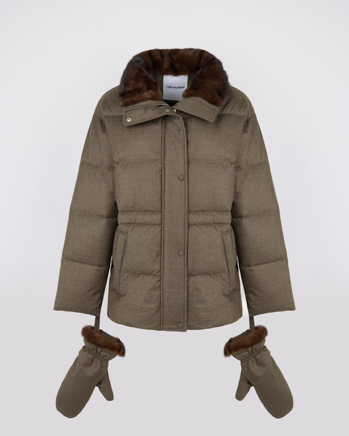 Doudoune en flanelle Loro Piana cintrée avec col et mouffles en fourrure de vison - Yves Salomon - Nouvelle collection Automne Hiver
