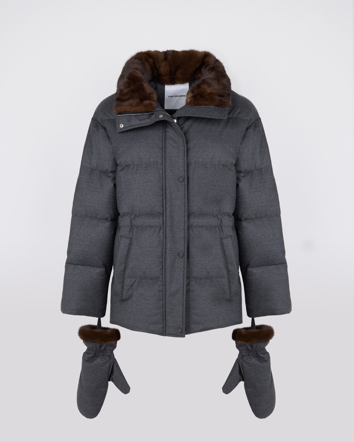 Doudoune en flanelle Loro Piana cintrée avec col et mouffles en fourrure de vison - Yves Salomon - Nouvelle collection Automne Hiver