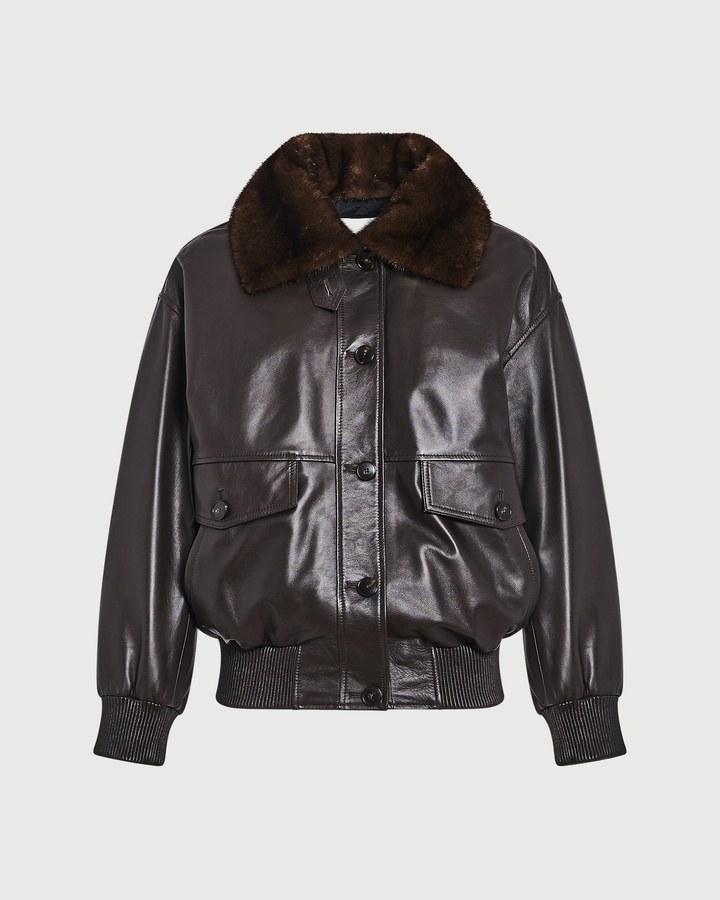 Short lambskin leather jacket with detachable mink fur collar