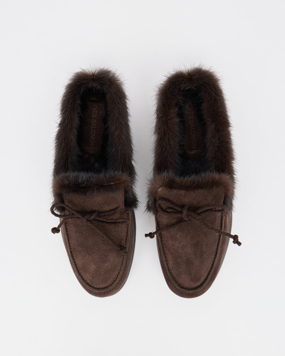 Mules en cuir façon suède et fourrure de vison - Yves Salomon - Nouvelle collection Automne Hiver