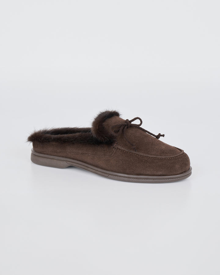Mules en cuir façon suède et fourrure de vison - Yves Salomon - Nouvelle collection Automne Hiver