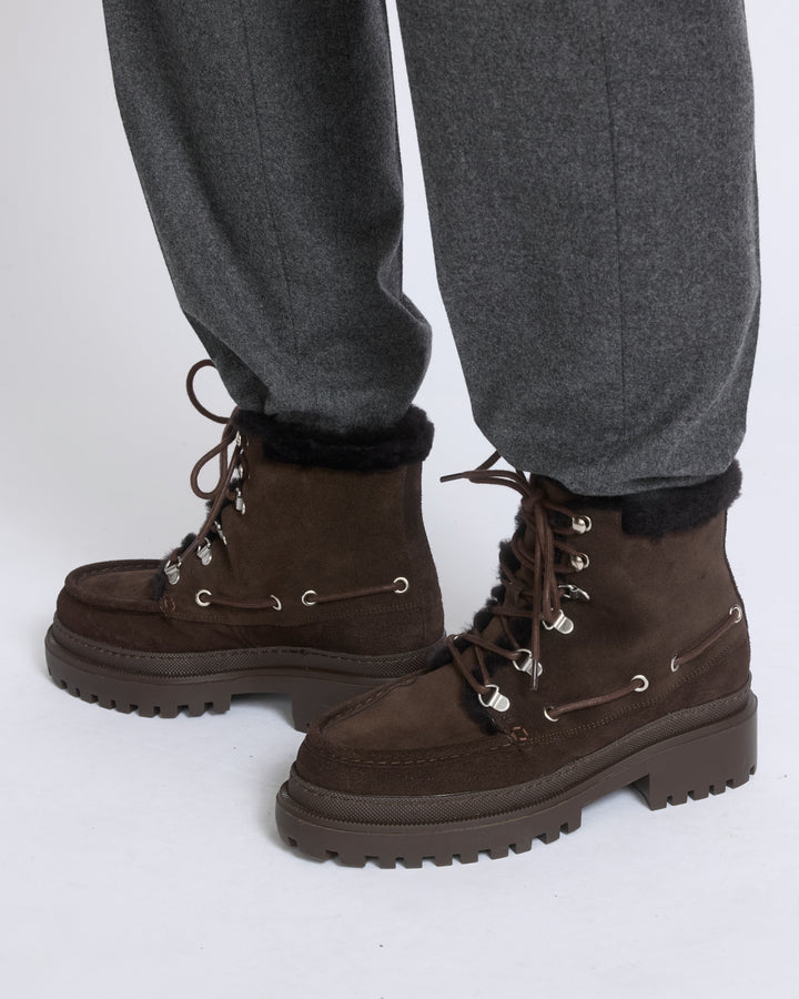 Bottines en cuir suède et agneau mérinillo défrisé - Yves Salomon - Nouvelle collection Automne Hiver