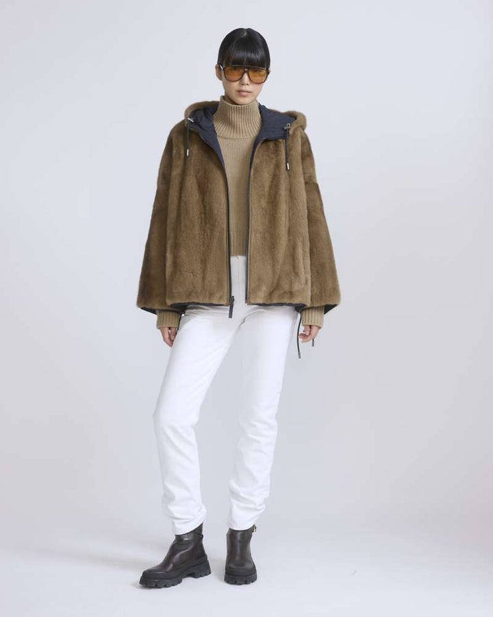 Veste courte en tissu technique déperlant réversible en fourrure de vison