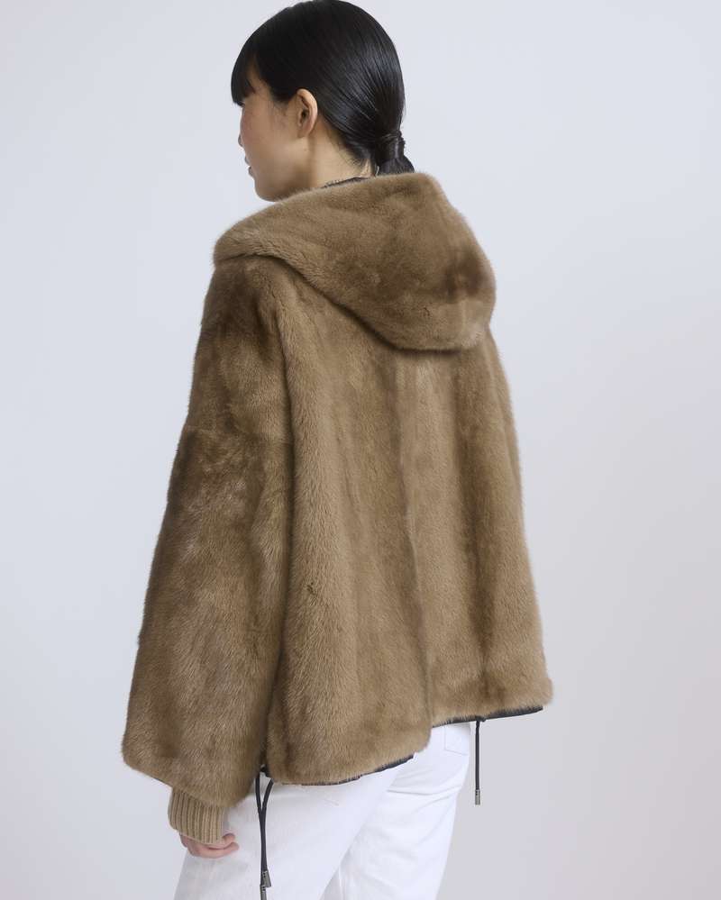 Veste courte en tissu technique déperlant réversible en fourrure de vison