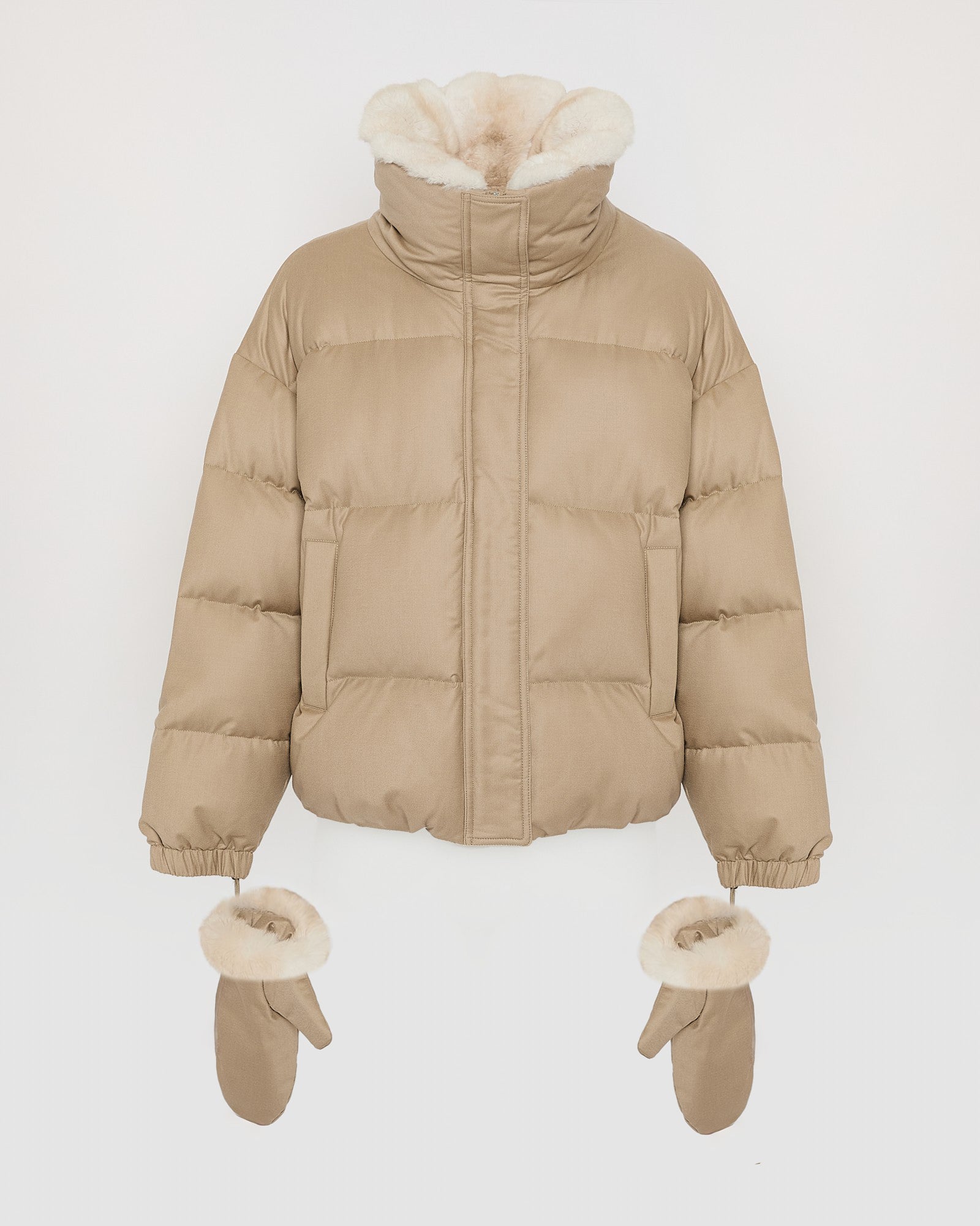 Kort donsjack van waterdichte flanellen stof met chinchillabont