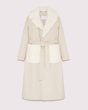 Belted cashmere wool coat with mink fur pockets and collar - beige/white