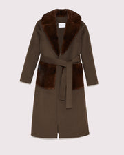 Belted cashmere wool coat with mink fur pockets and collar - khaki/brown