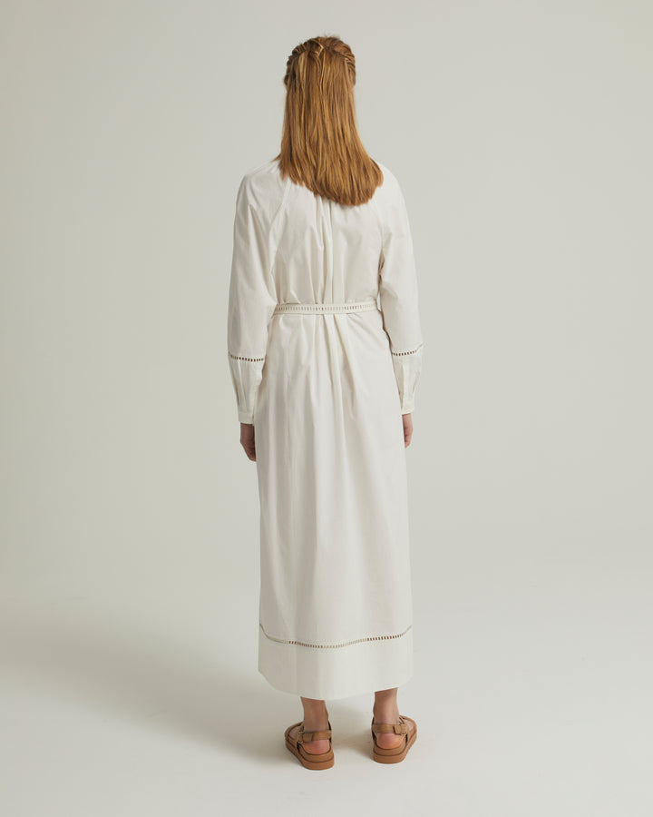 Flowing belted cotton dress with leather embroidery