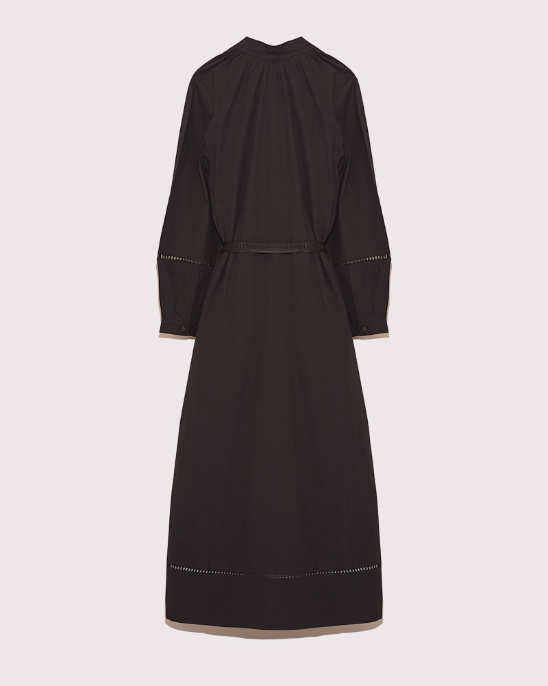 Flowing belted cotton dress with leather embroidery