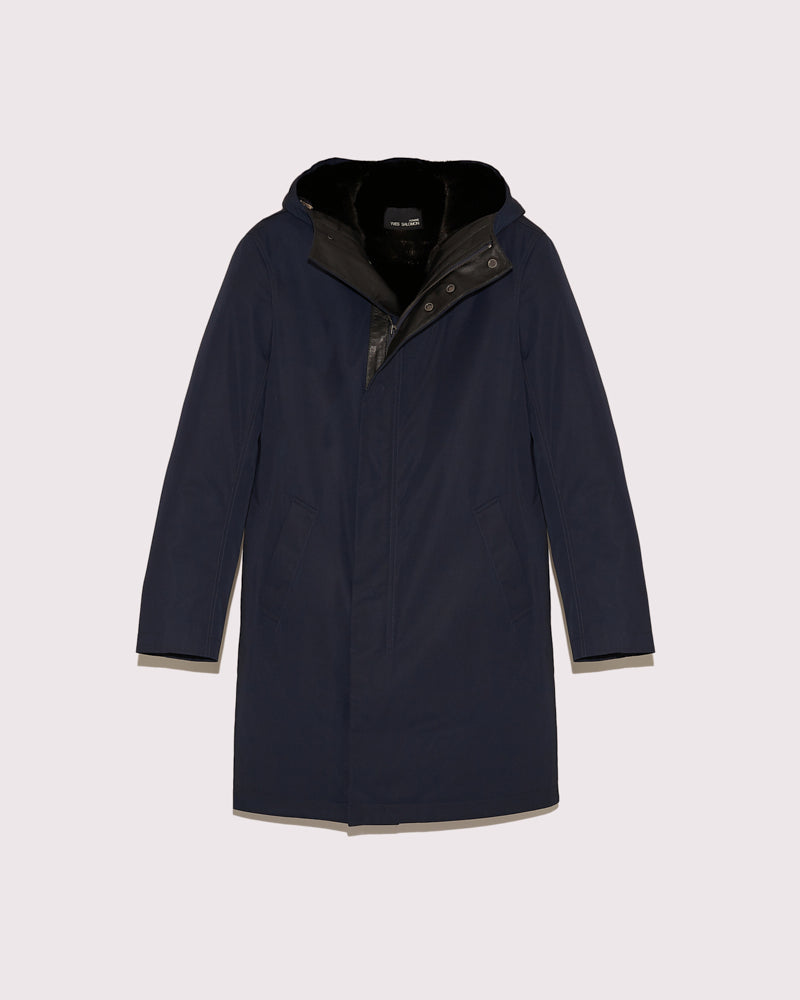 Manteau à capuche en gabardine imperméable et fourrure de vison