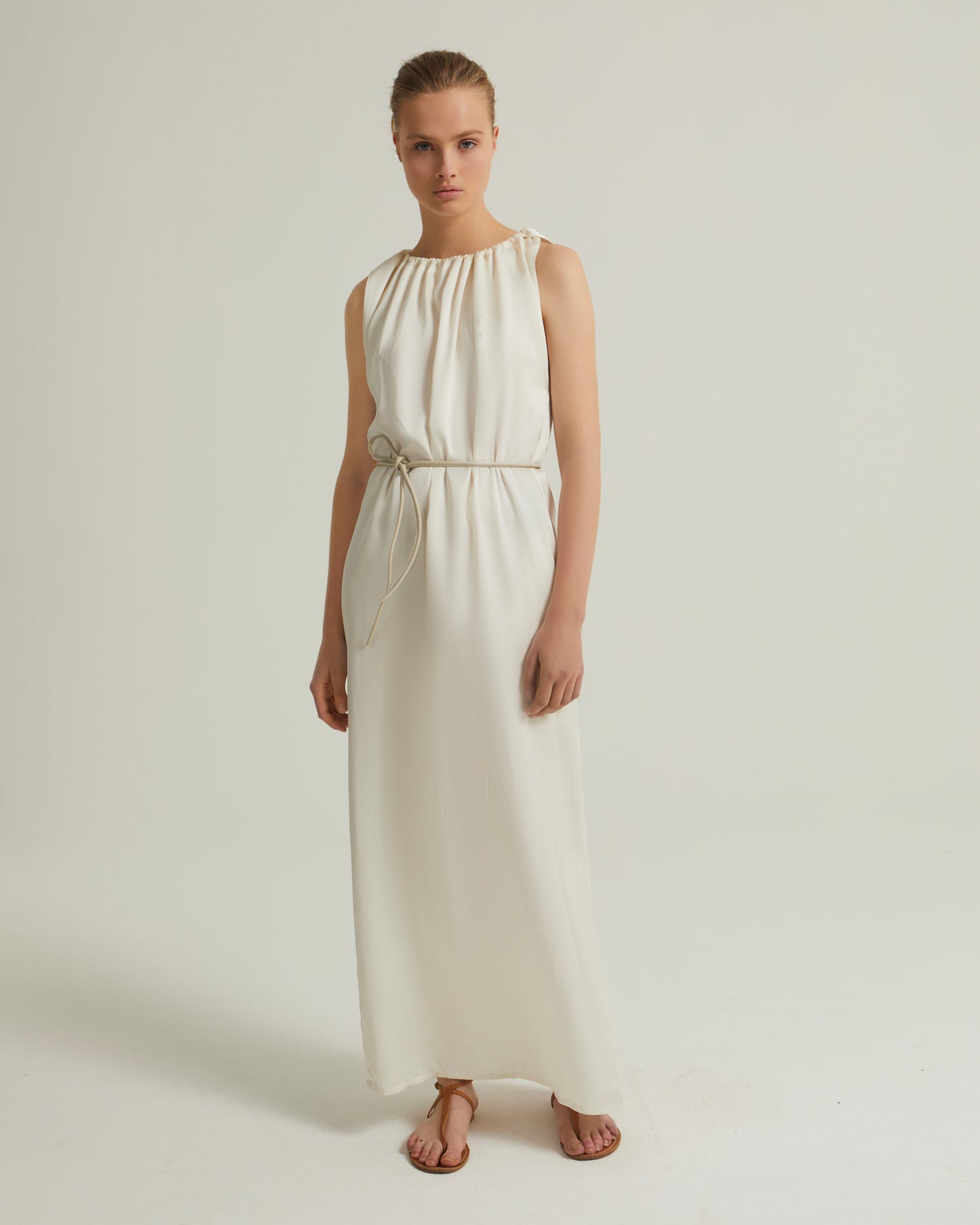 Long dress with adjustable satin neckline