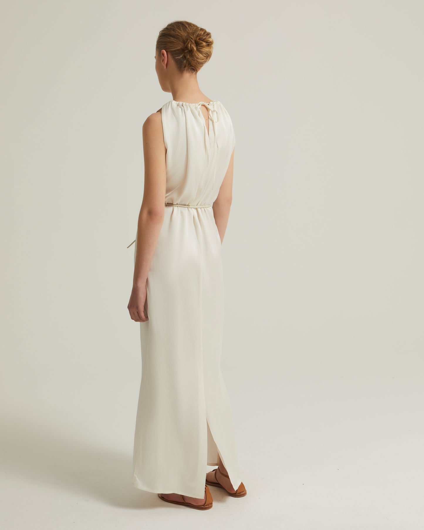 Long dress with adjustable satin neckline
