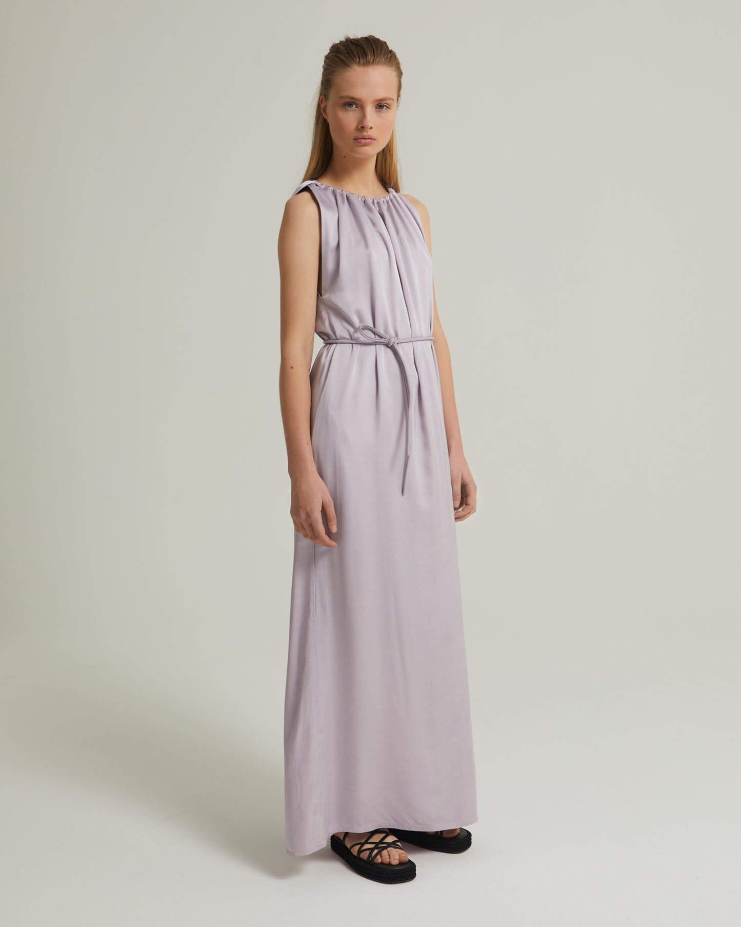 Long dress with adjustable satin neckline