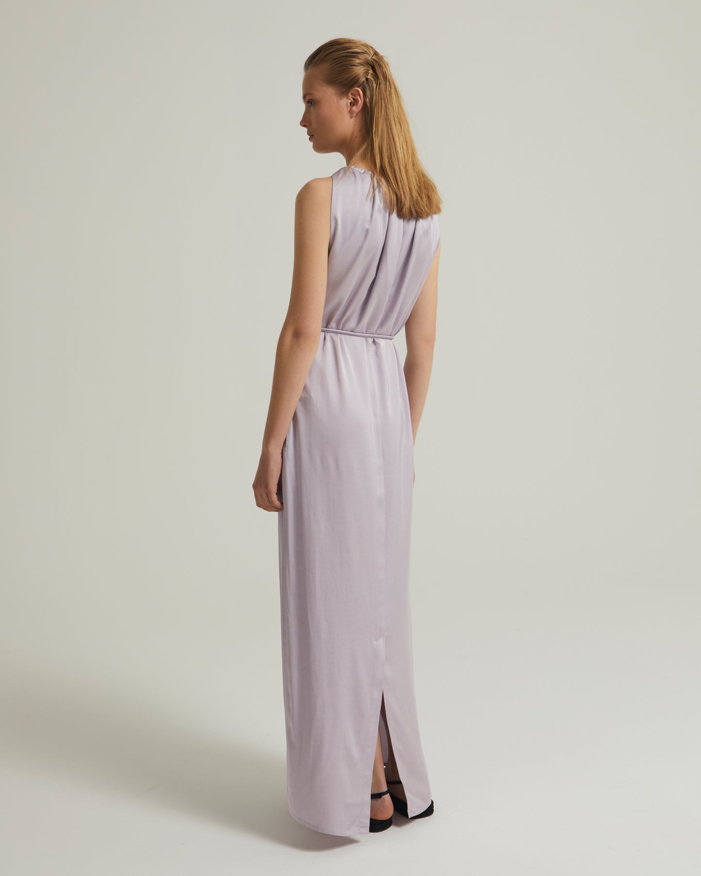 Long dress with adjustable satin neckline