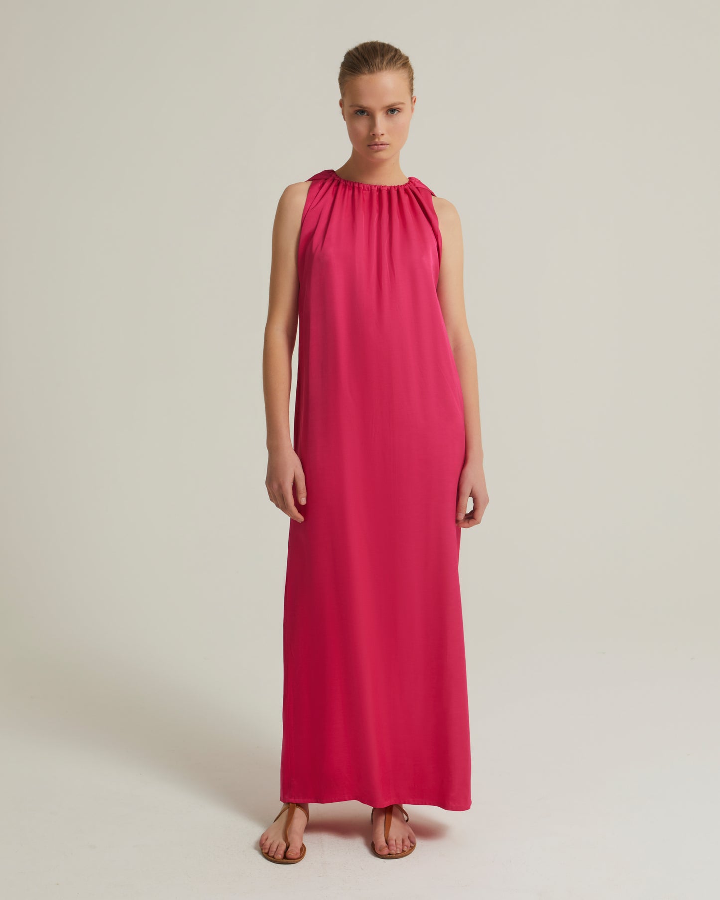 Long dress with adjustable satin neckline