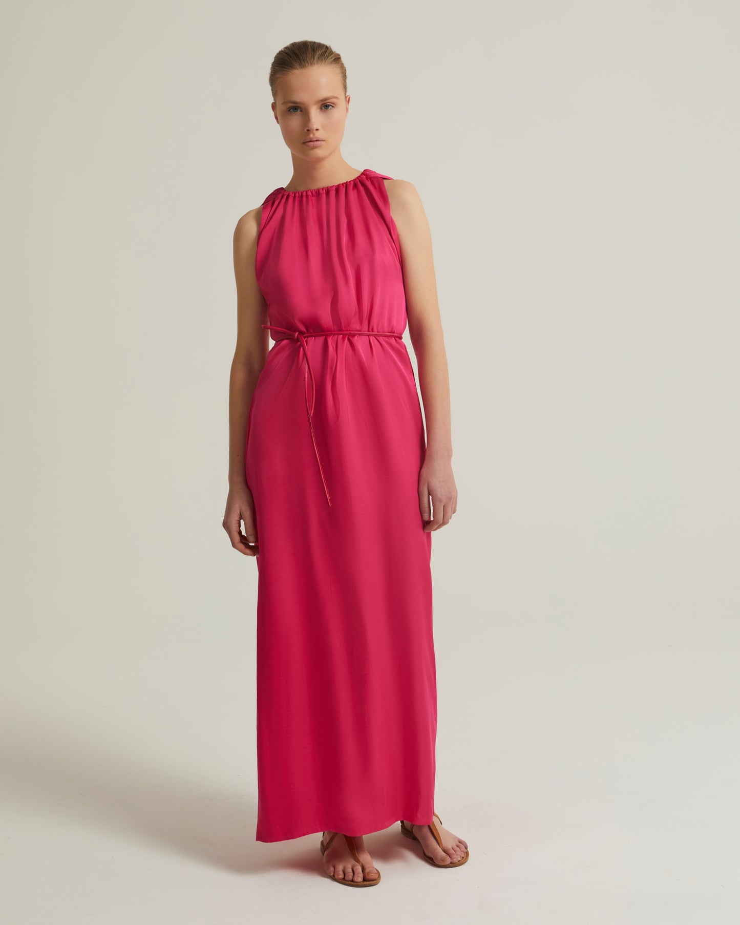 Long dress with adjustable satin neckline
