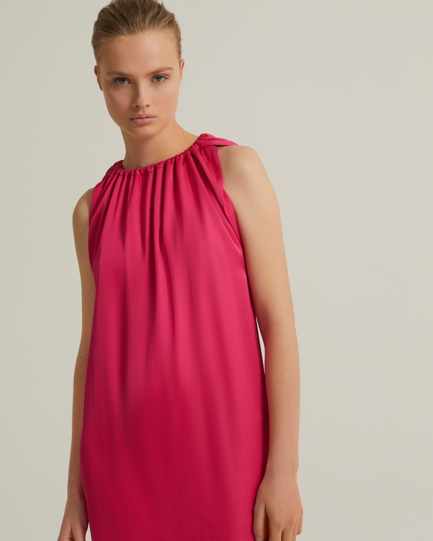 Long dress with adjustable satin neckline