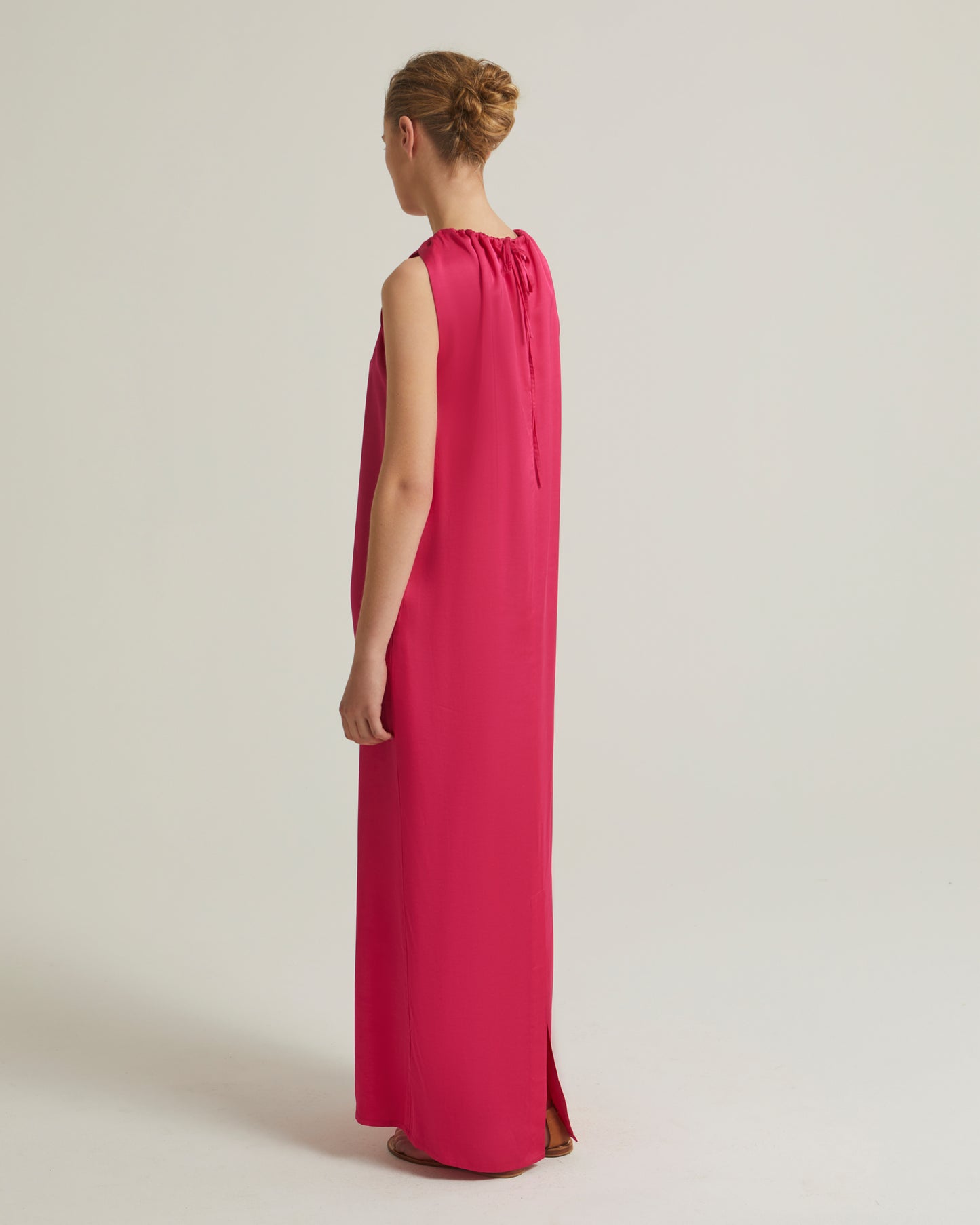 Long dress with adjustable satin neckline