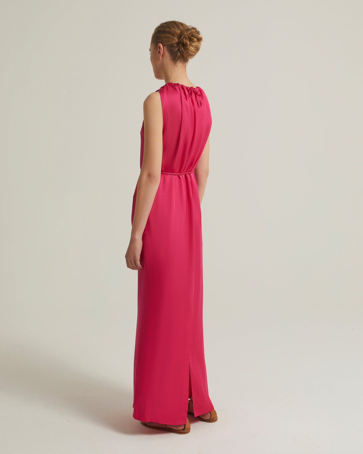 Long dress with adjustable satin neckline