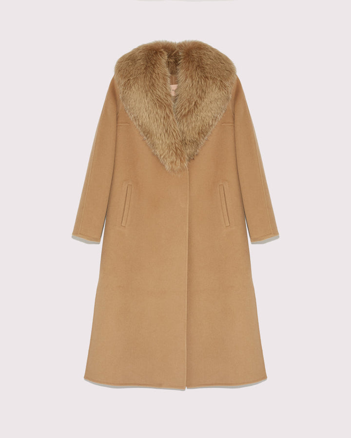 Long cashmere wool coat with fox fur collar
