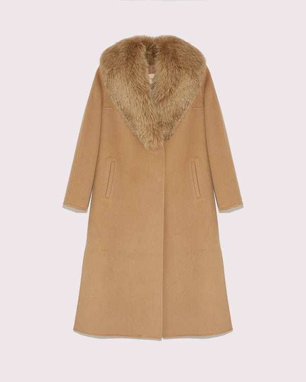 Long cashmere wool coat with fox fur collar