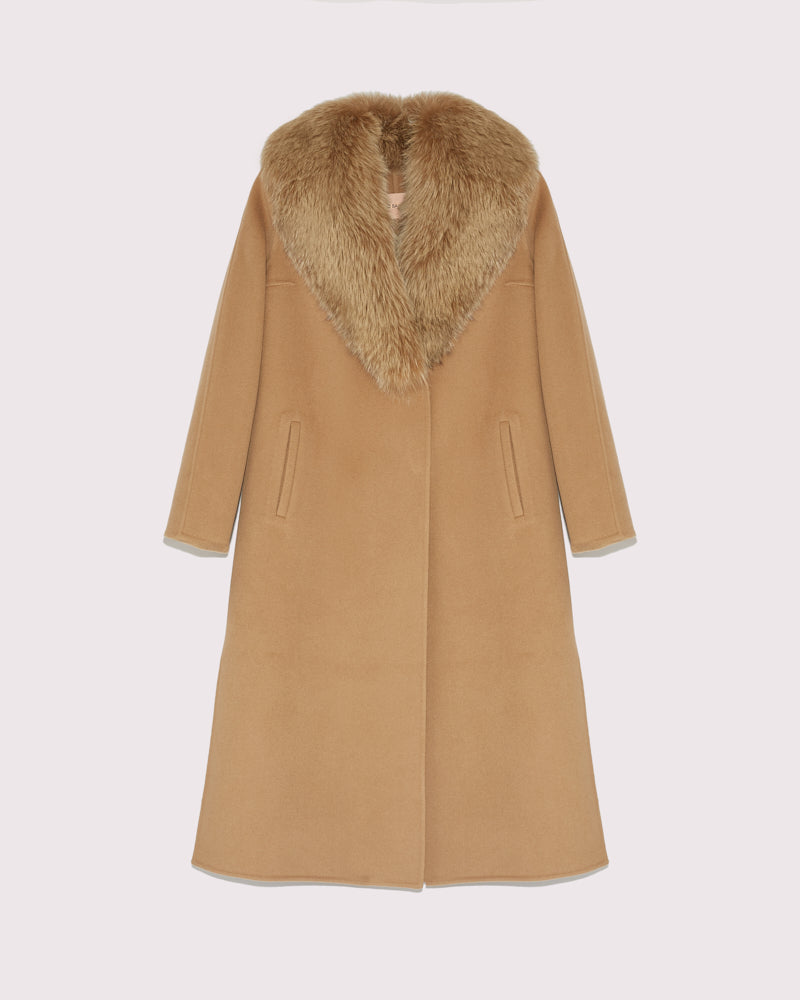 Manteau long Lainage cachemire et col fourrure de renard