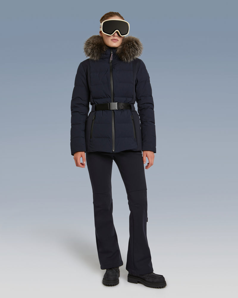 Veste skiwear en mix de tissus et fourrure de renard - bleu foncé
