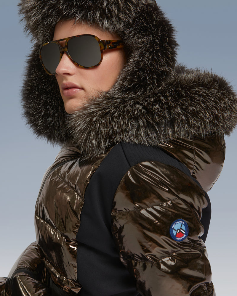 Veste skiwear en mix de tissus et fourrure de renard - noir